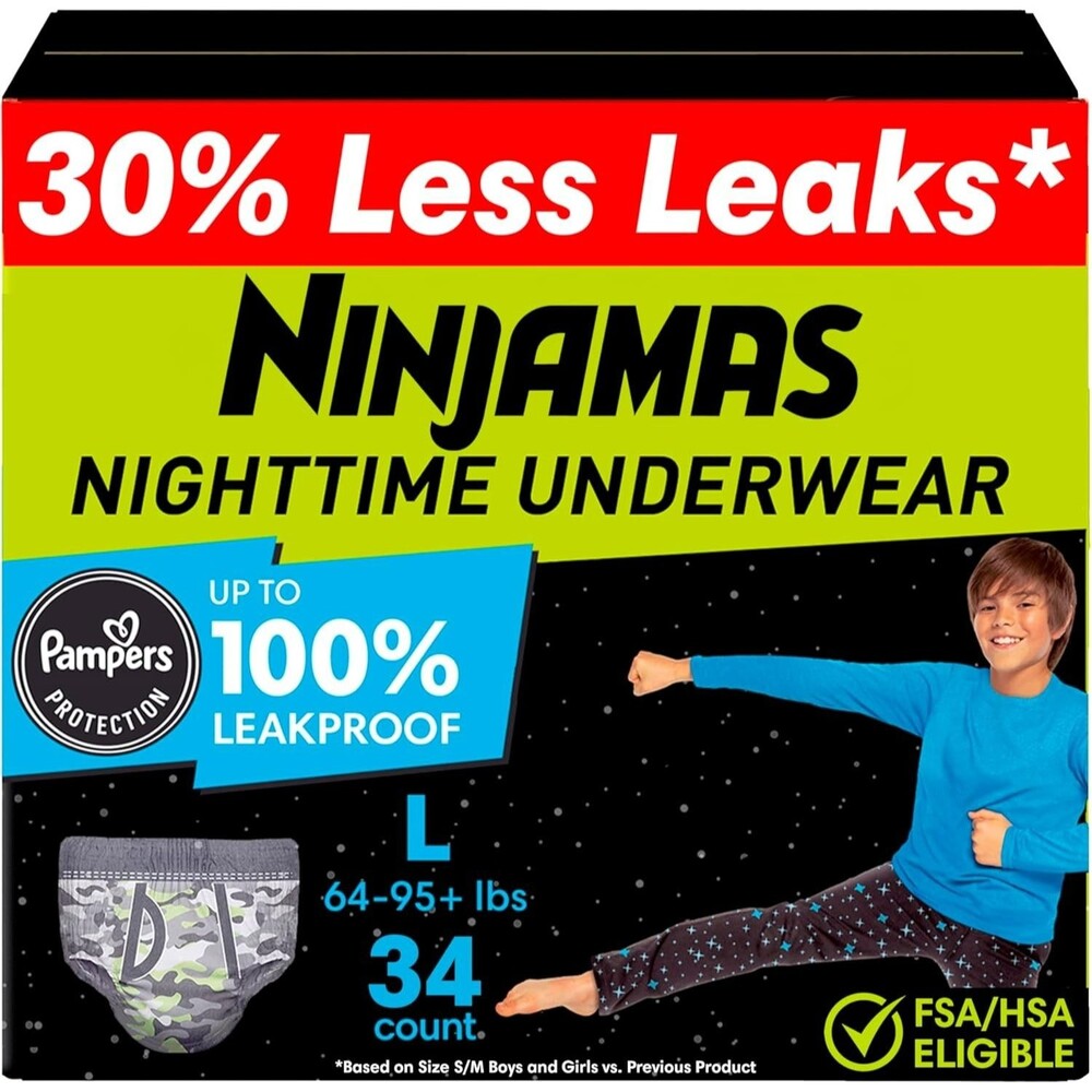 34 Ct Pampers Ninjamas Boys Bedwetting Nighttime Underwear LARGE 64-95+ lbs Blue